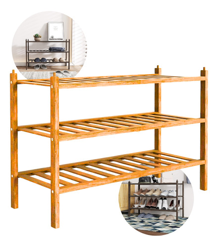 Zapatero madera bambu estante organizador 3 niveles Aloha St FC1628 color caoba claro