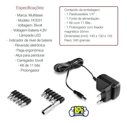 Imagem 5 de 6 de Parafusadeira Eletrica Multilaser Recarregavel Bivolt Ho031