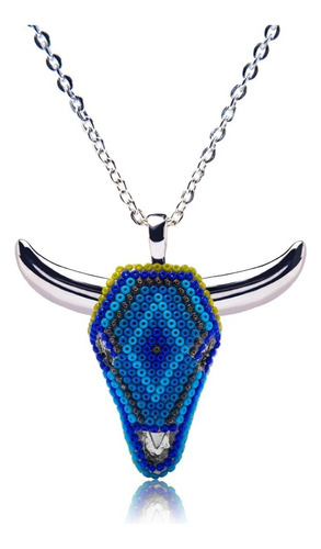 Collar Artesanal Huichol Toro Rodio U Oro Holbox Mayarica Color Plateado