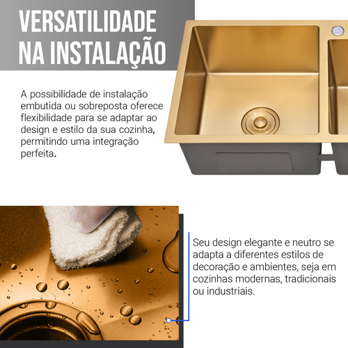 Cuba Cozinha Gourmet Aço Inox Dupla Quadrada Dourado Gold