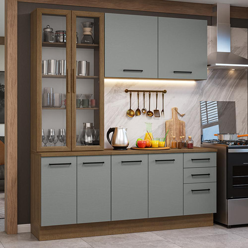 Armário Cozinha Compacta 190cm Cristaleira Agata Madesa 01 Cor Rustic/Cinza