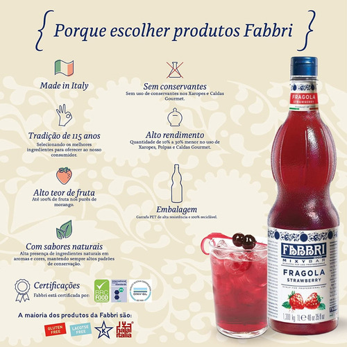 Xarope Fabbri Mixybar Morango 1000ml Profissional