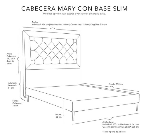 Cabecera + Base Cama Slim King Size Dicasa Mary Azul Navy