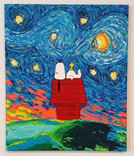 Snoopy Pintado A Mano Noche Estrellada