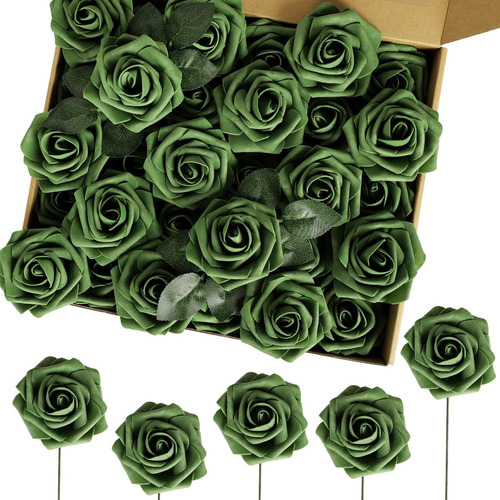 Flores Artificiales Rosa Decoración Boda Fiesta 25 Piezas Color Verde