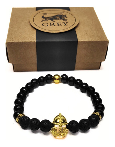 Pulsera De Hombre Con Piedra De Lava Negra+ Casco Espartano