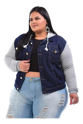 Imagem 1 de 4 de Jaqueta Jeans Com Moletom Plus Size Feminina Com Capuz Blusa