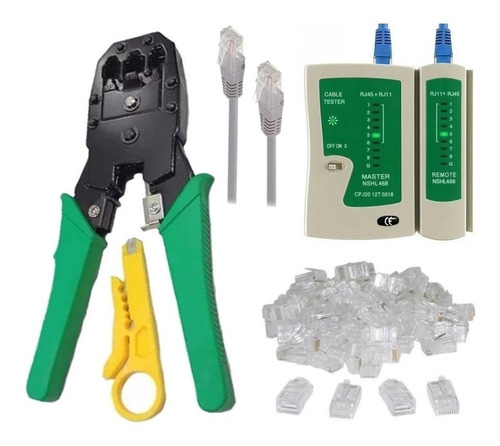Imagen 1 de 8 de Pinza Crimpeadora + Pela Cable + 50 Fichas + Tester Rj45 Red