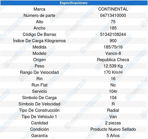 2 Llantas 185/75r16 104r Continental Vanco-8