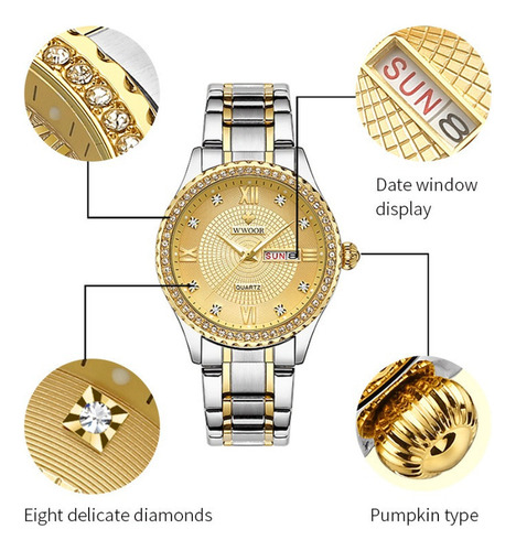 Reloj pulsera Wwoor 8856M con correa de acero inoxidable color dorado/negro
