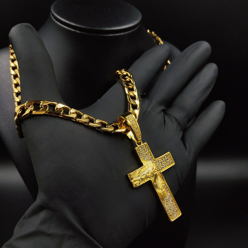 Corrente 100% Tungstênio Masculina Cruz Crucifixo Jesus Cor Dourado