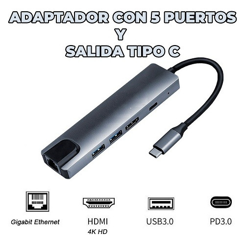 Adaptador Multifuncional Hub 5 En 1 Con Salida Tipo C