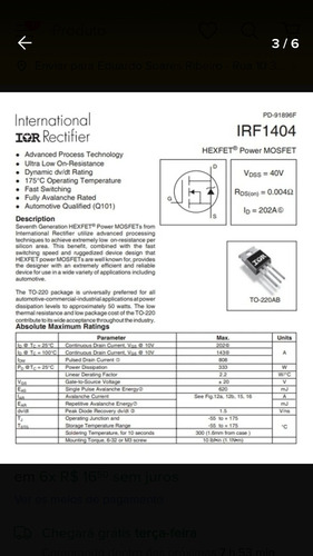 Imagem 3 de 6 de Kit 15 Pçs Irf1404 Original Taramps Com Nota Fiscal