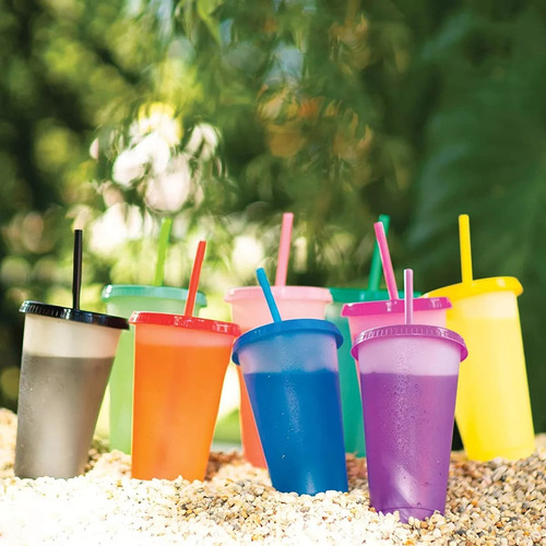 Vasos Magicos Cambian De Color Con Tapa Y Popote 710ml 10pzs