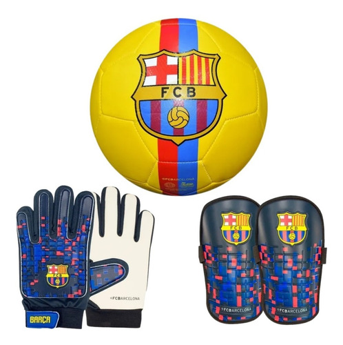 Combo Futbol Barcelona Pelota + Guantes + Canilleras