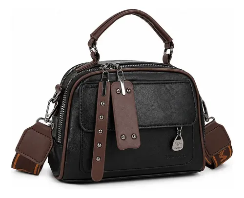 Bolsa Preta Feminina Transversal Tiracolo Ombro Casual Leve Preto Lisa Níquel