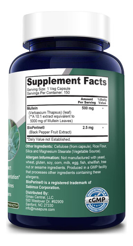 Suplemento: Cápsulas De Folha De Verbasco Nusapure, 5000 Mg,