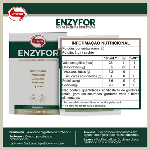 Enzyfor Vitafor 30 Sachês Mix De 5 Enzimas Digestivas