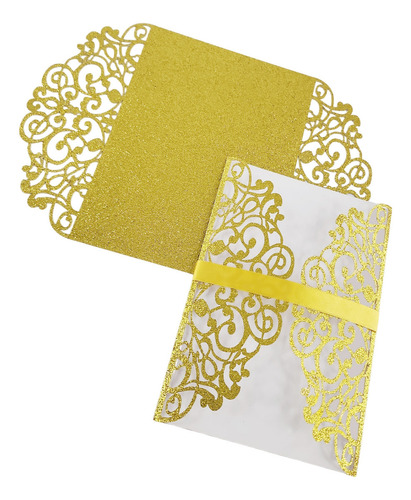 50 Invitaciones Sobre Corte Laser Glitter Oro Solar Gf-335 - 16x11cm