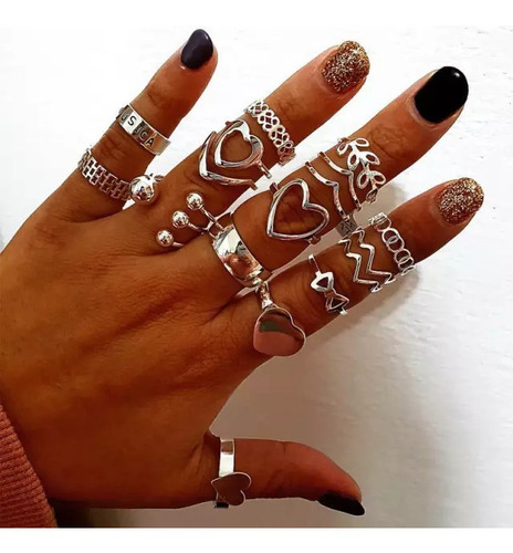 Set Conjunto Anillos Corazón Pluma Geometrico