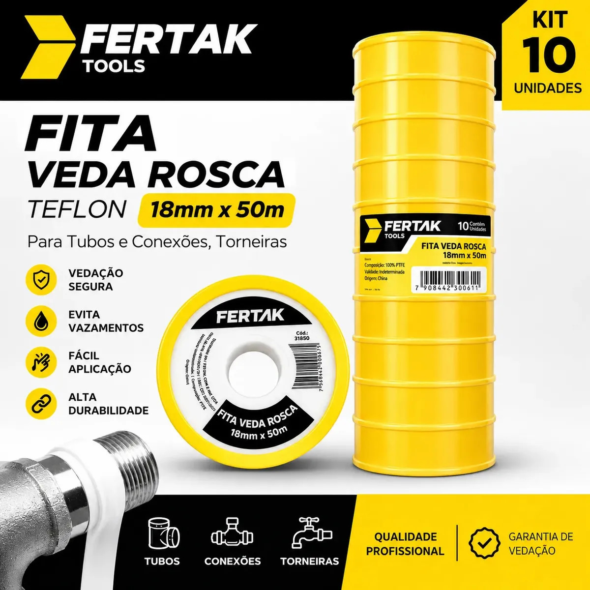 Fita Veda Rosca 18mm X 50m Premium Vedação Kit 10 Unidades