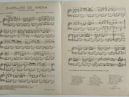 Partitura Antigua Castillito De Arena Valverde Zarzoso 1958 (Usado)