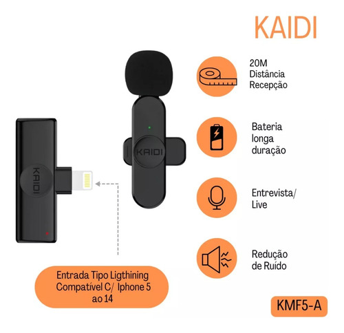 Microfone Lapela Sem Fio Kaidi Para Iphone X Ao 14 Pro Max Preto