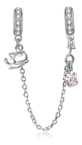 Charm Cadena Seguridad Gatito Huella Plata 925 Silver Heart