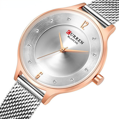 Relógio de malha impermeável Curren para mulheres, cor da moldura: rosa, branco
