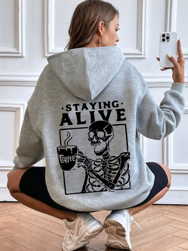 Buzo Frizado Staying Alive Esqueleto Maxi Aestethic Hoodie