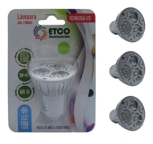 Foco Led 3w A 40w 3pzas. Mr16 Gu5.3 Luz Led Fria