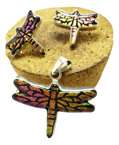 Set Dije Y Aretes De Libélula En Plata Fina .925 Y Dikroico Plata .925 Multicolor