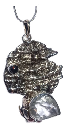 Dije Con Ópalo Negro Y Cuarzo Cristal Facetado En Plata 925 Plateado, Negro Iridiscente, Incoloro