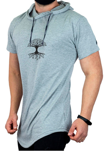 Camiseta Com Capuz Estampa Árvore Longline Masculina Natural