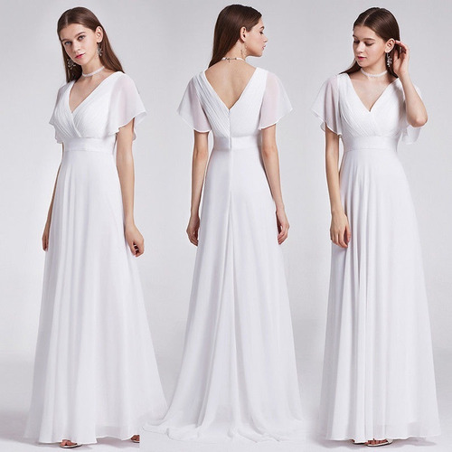 Vestido Largo Gasa Color Blanco Con Mangas Cortas Importado