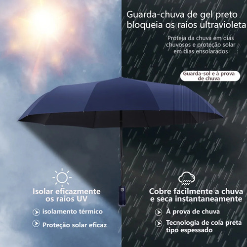Preto Guarda Chuva Automático Reforçado Contra Vento Com Led Para Iluminação - Compacto, Cabe Na Bolsa | Guarda Chuva Reforçado | Guarda Chuva Grande