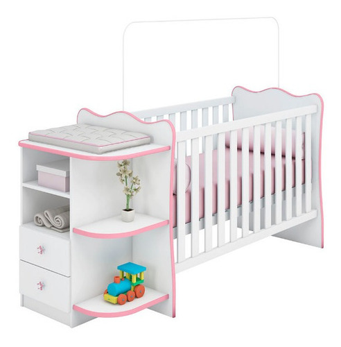 Jogo Berço Cômoda Com Colchão Branco Rosa Qmovi