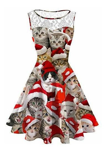 Vestido Estampado De Encaje De Gato Navideño De Talla Grande