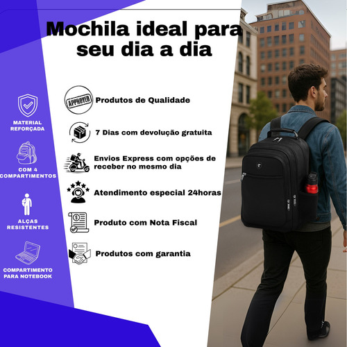 Mochila Masculina Impermeável Reforçada Alça Forte Grande Faculdade Escola Trabalho Resistente Cor Preto