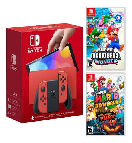 Nintendo Switch Oled Mario Red+mario Wonder+bowsers Fury
