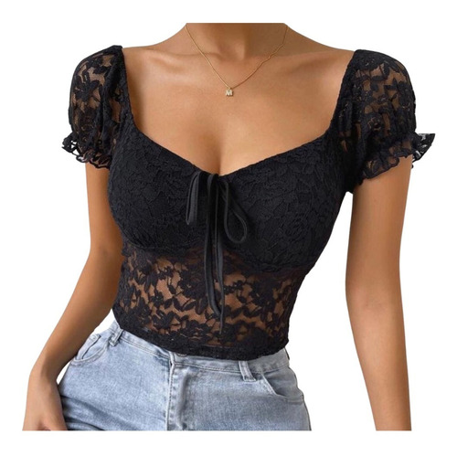 Blusa Dama Mangas Corta De Encaje Negra