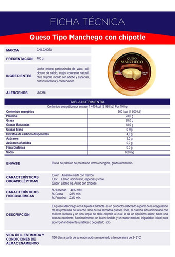 Queso Manchego Con Chipotle Chilchota 400 Gr