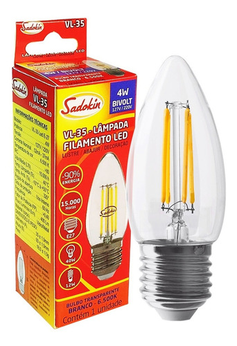 Lâmpada Filamento Led Vela 4w Bivolt E27 Branco Frio 6500k Cor da luz Branco-frio- 6500k