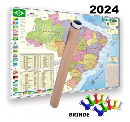 Mapa Brasil Politico  120 X 90   Enrolado Atual + Alfinetes