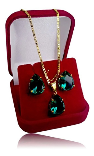 Imagem 3 de 9 de Conjunto Colar + Brinco Gota Verde Banhado Ouro 18k
