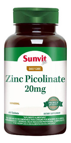 Zinc Picolinate 20 Mg (60 Tab) Sunvit Life Sabor Sin Sabor