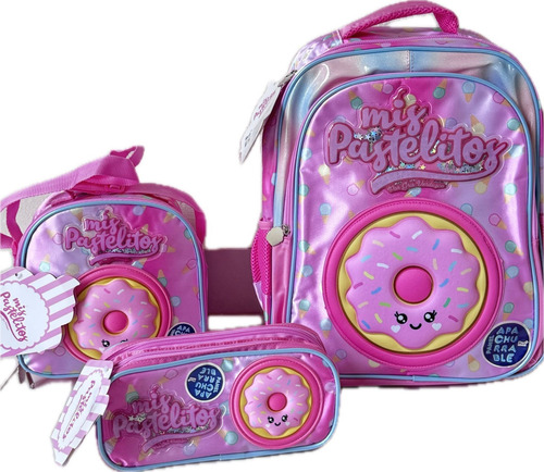 Set Kit Mochila Primaria, Lonchera Y Lapicera Mis Pastelitos Color Rosa Diseño De La Tela Mis Pastelitos Apachurrable