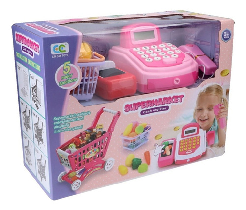 Caja Registradora C/ Luz Sonido + Carro Supermercado Niños Color Rosa