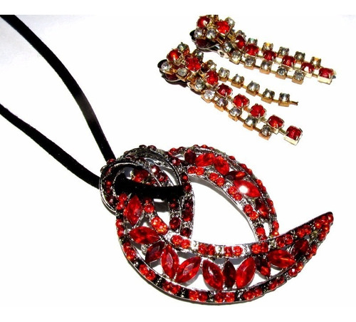 Conjunto/plateado/colgante Y Caravanas Clips,rojo/strass/