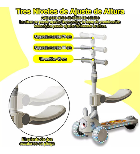Scooter Plegable Con Asiento Para Niños Luces Led Y Música Gris